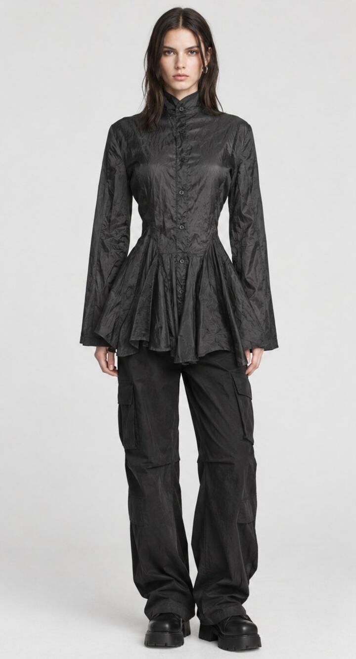 KTZ Kokon To Zai Designer Women's RTW Nylon Black Peplum Button-Up Shirt, Medium
